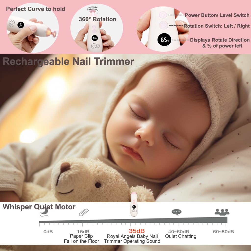 Royal Angels Rechargeable 22 in 1 Baby Nail Trimmer with LCD Display, Labeled Case, 13 Extra Pads, Safe Quiet LED Light Electric Baby Nail File Kit for Newborns Toddlers (WhiteBlue)
