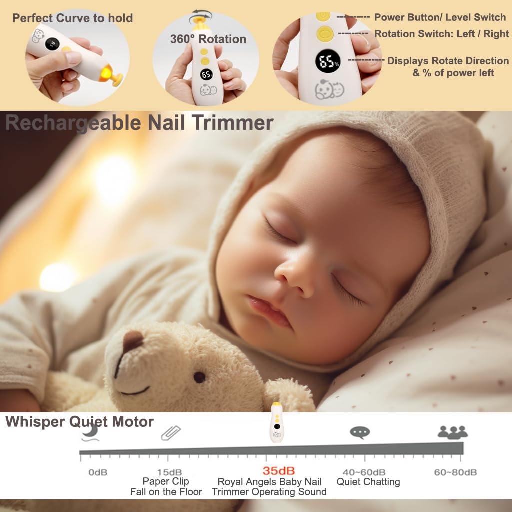 Royal Angels Rechargeable 22 in 1 Baby Nail Trimmer with LCD Display, Labeled Case, 13 Extra Pads, Safe Quiet LED Light Electric Baby Nail File Kit for Newborns Toddlers (WhiteBlue)