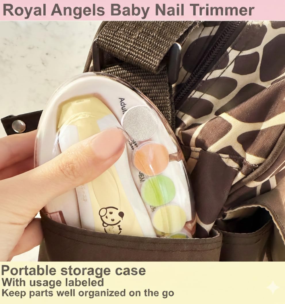 Royal Angels Rechargeable 22 in 1 Baby Nail Trimmer with LCD Display, Labeled Case, 13 Extra Pads, Safe Quiet LED Light Electric Baby Nail File Kit for Newborns Toddlers (WhiteBlue)