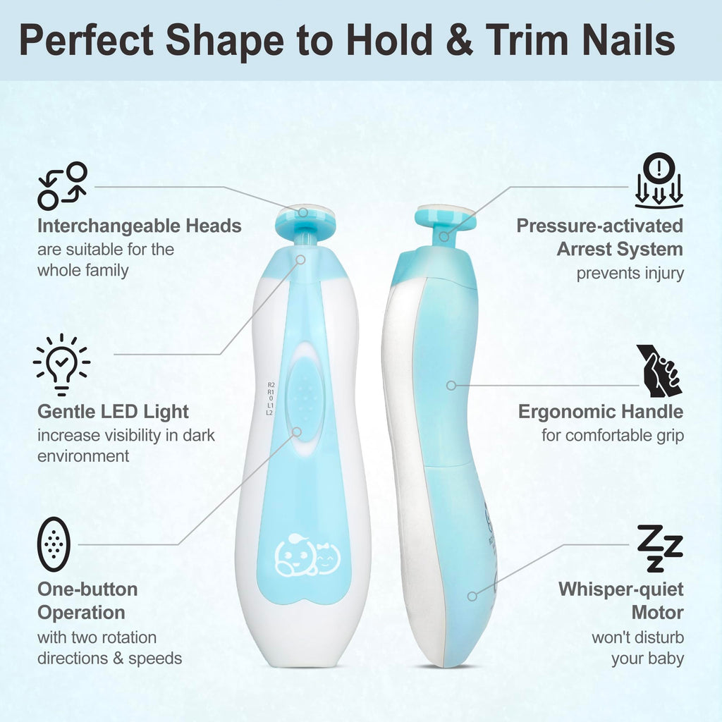 Royal Angels Rechargeable 22 in 1 Baby Nail Trimmer with LCD Display, Labeled Case, 13 Extra Pads, Safe Quiet LED Light Electric Baby Nail File Kit for Newborns Toddlers (WhiteBlue)
