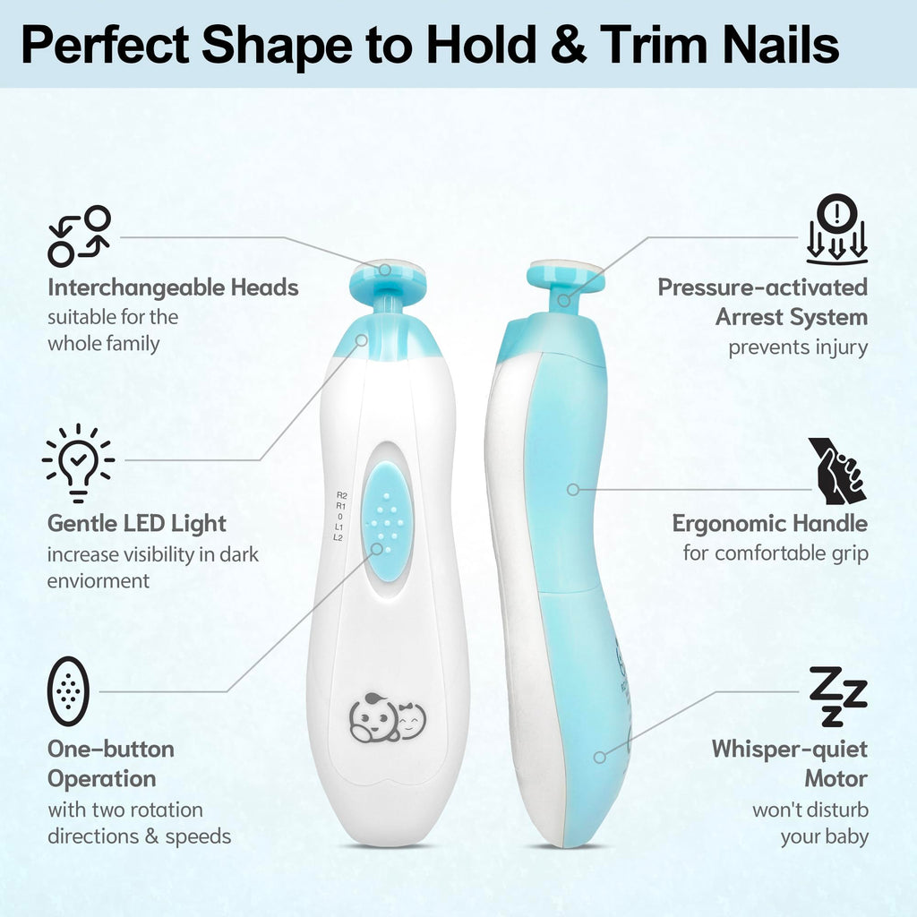 Royal Angels Rechargeable 22 in 1 Baby Nail Trimmer with LCD Display, Labeled Case, 13 Extra Pads, Safe Quiet LED Light Electric Baby Nail File Kit for Newborns Toddlers (WhiteBlue)