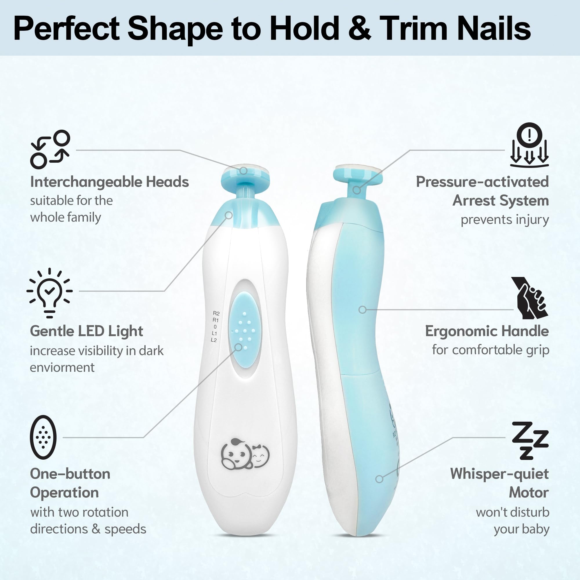 Royal Angels Rechargeable 22 in 1 Baby Nail Trimmer with LCD Display, Labeled Case, 13 Extra Pads, Safe Quiet LED Light Electric Baby Nail File Kit for Newborns Toddlers (WhiteBlue)