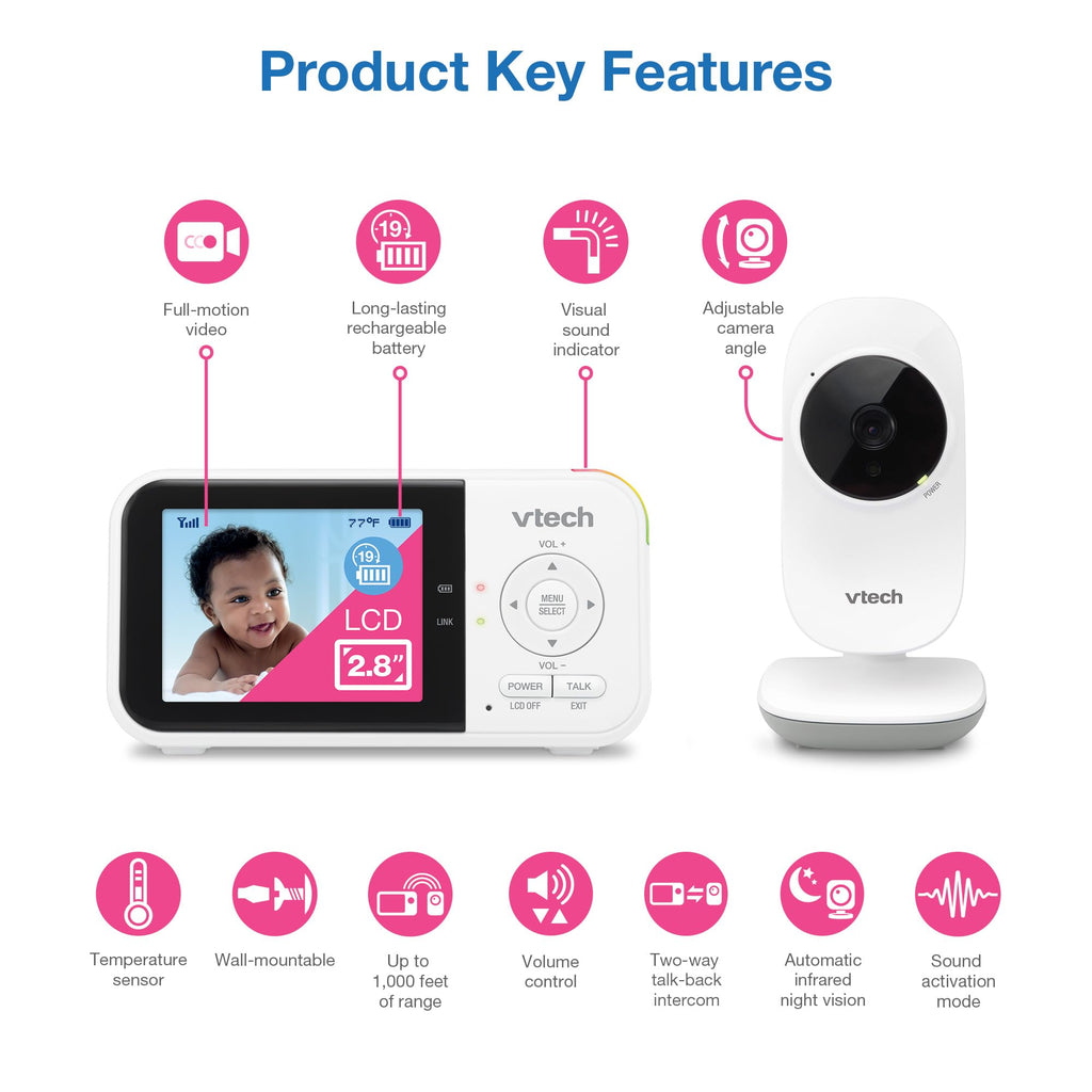 VTech VM819 Baby Monitor, 2.8” Screen, Night Vision, 2-Way Audio, Temperature Sensor and Lullabies, Secure Transmission No WiFi