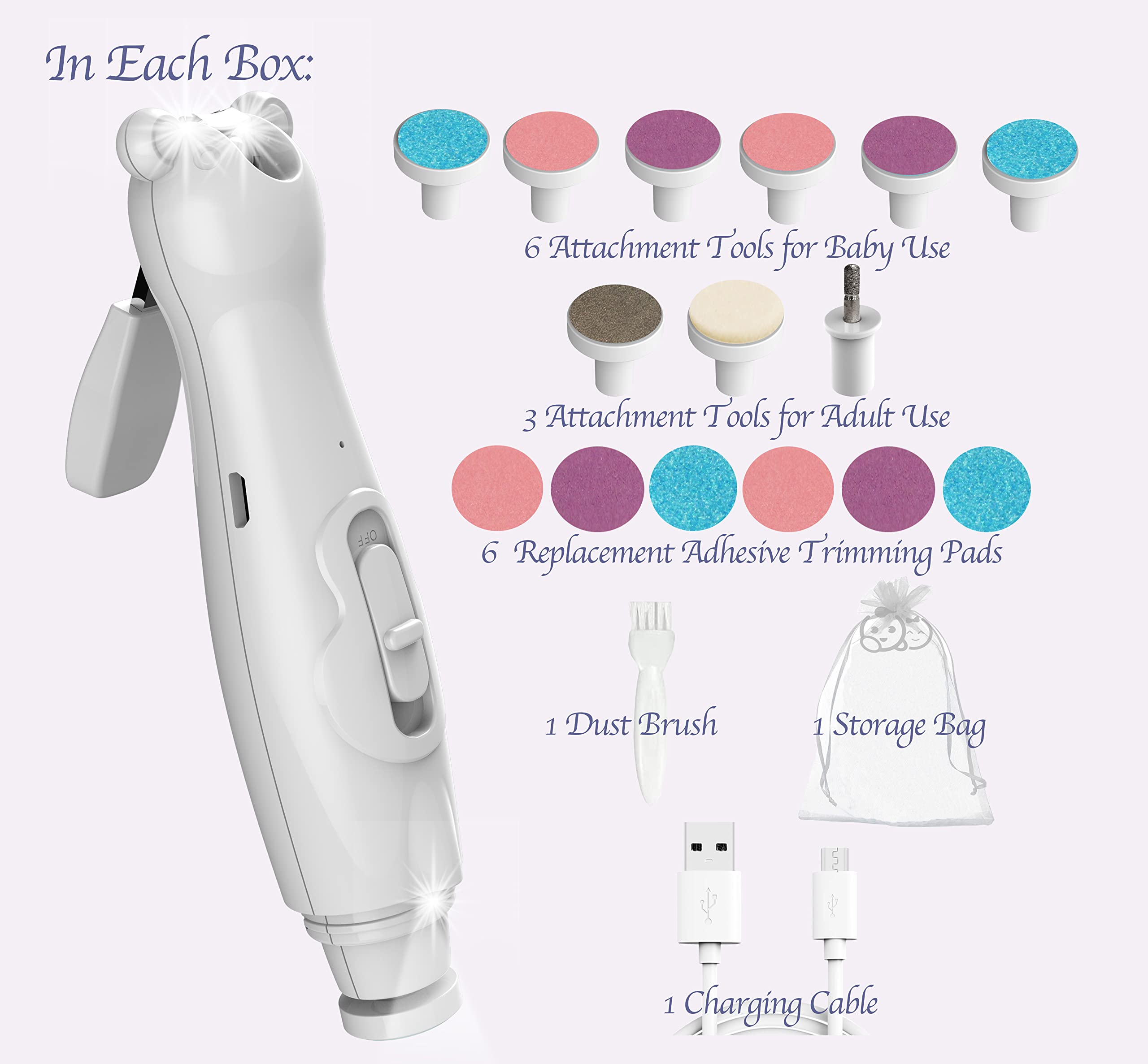 Royal Angels Rechargeable 22 in 1 Baby Nail Trimmer with LCD Display, Labeled Case, 13 Extra Pads, Safe Quiet LED Light Electric Baby Nail File Kit for Newborns Toddlers (WhiteBlue)