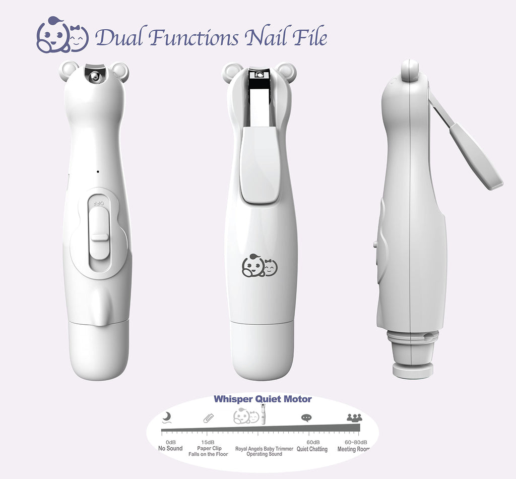 Royal Angels Rechargeable 22 in 1 Baby Nail Trimmer with LCD Display, Labeled Case, 13 Extra Pads, Safe Quiet LED Light Electric Baby Nail File Kit for Newborns Toddlers (WhiteBlue)