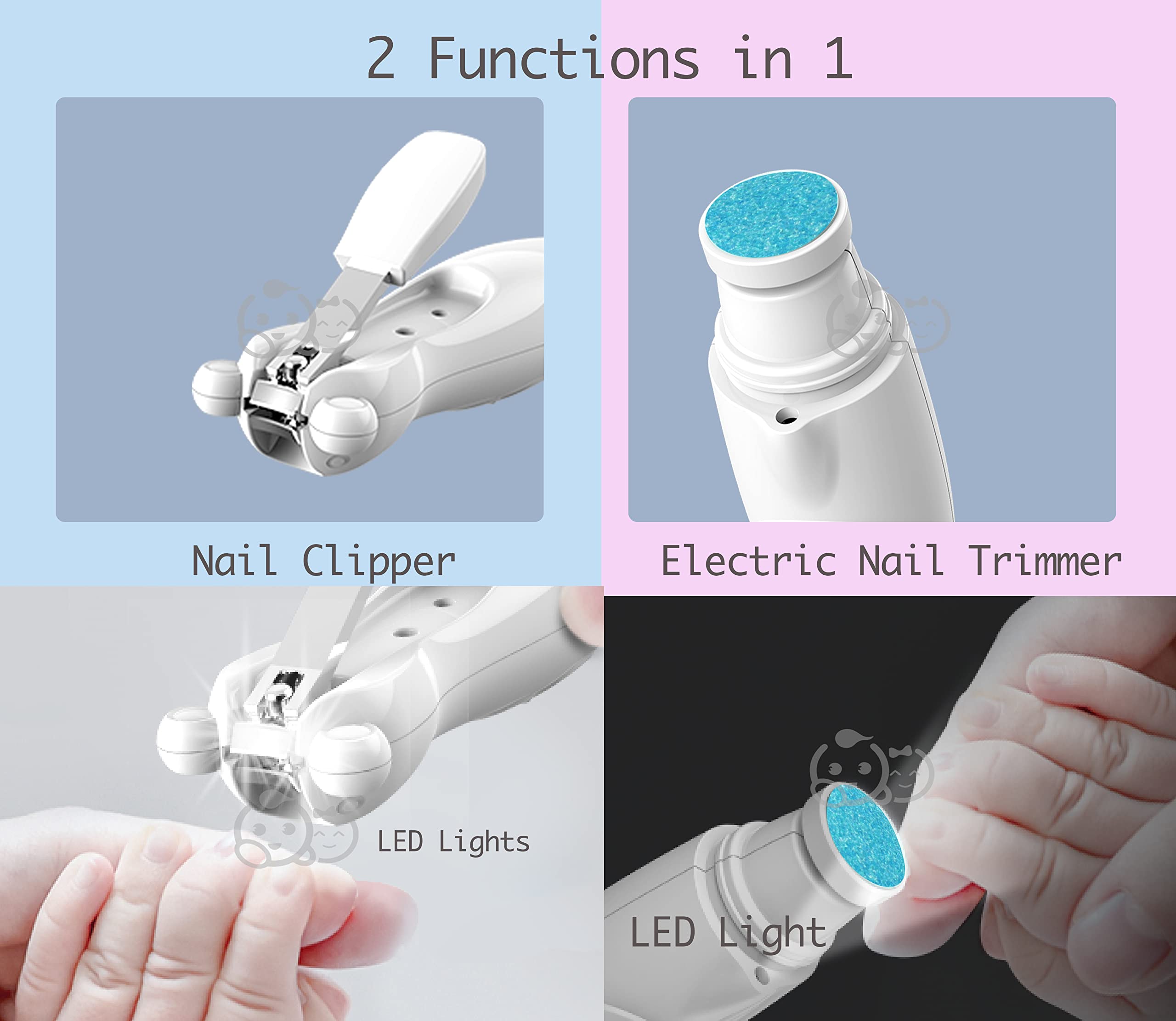 Royal Angels Rechargeable 22 in 1 Baby Nail Trimmer with LCD Display, Labeled Case, 13 Extra Pads, Safe Quiet LED Light Electric Baby Nail File Kit for Newborns Toddlers (WhiteBlue)