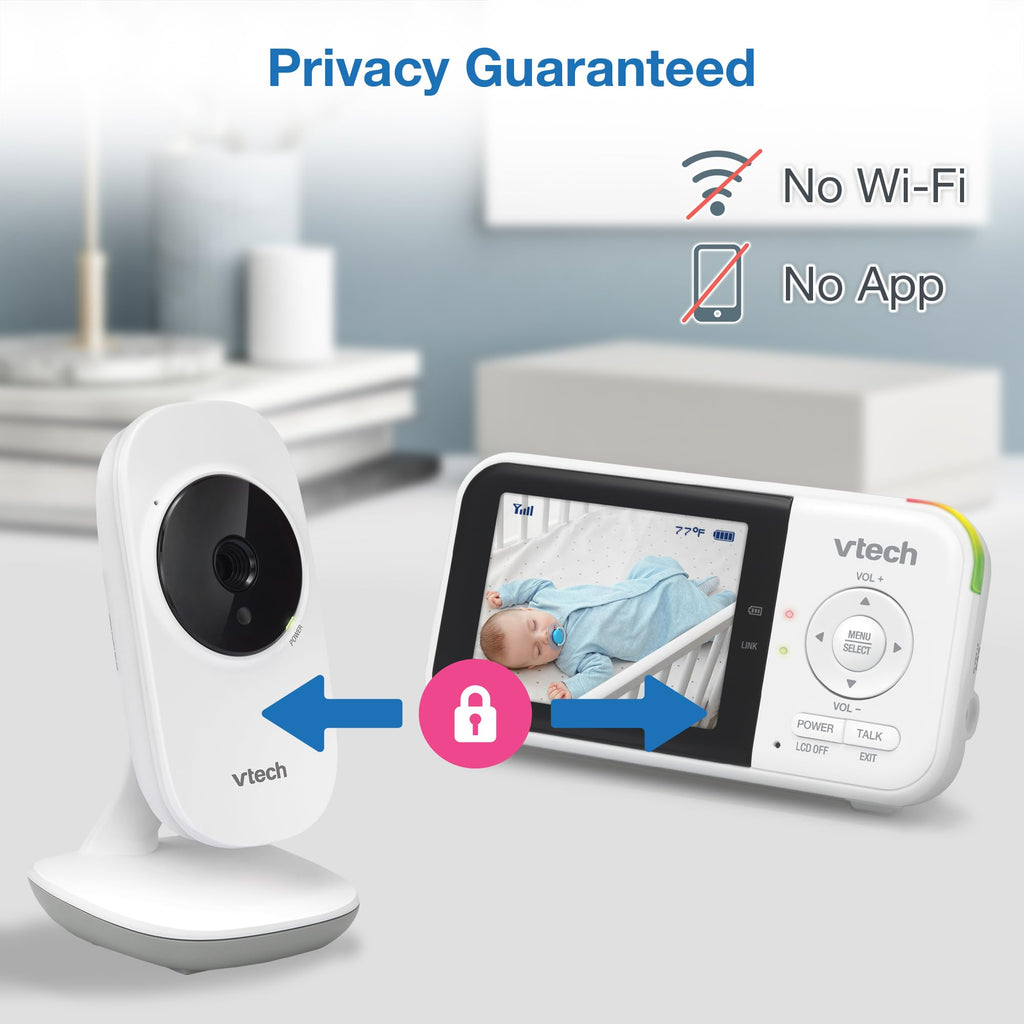 VTech VM819 Baby Monitor, 2.8” Screen, Night Vision, 2-Way Audio, Temperature Sensor and Lullabies, Secure Transmission No WiFi