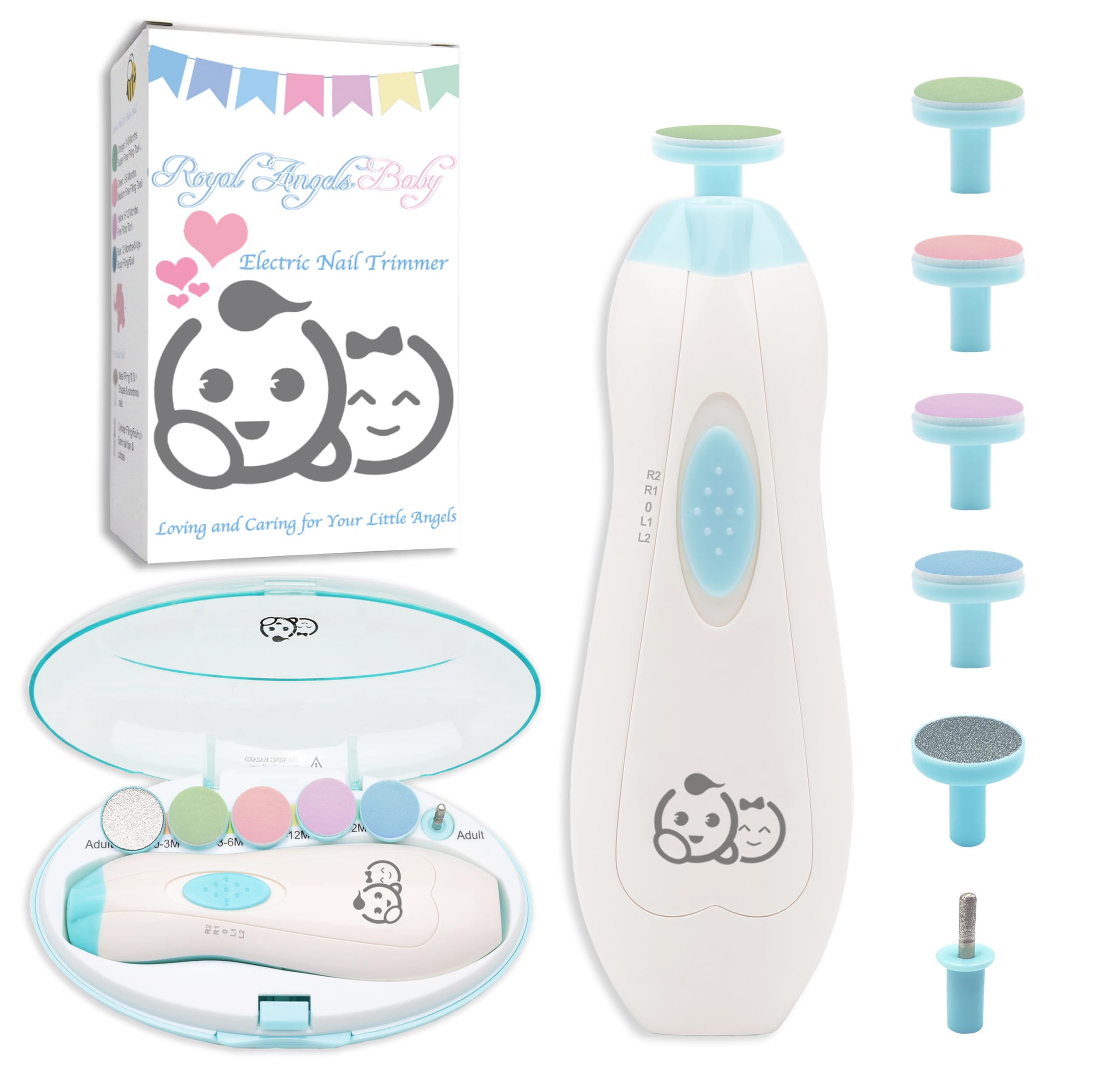 Royal Angels Rechargeable 22 in 1 Baby Nail Trimmer with LCD Display, Labeled Case, 13 Extra Pads, Safe Quiet LED Light Electric Baby Nail File Kit for Newborns Toddlers (WhiteBlue)