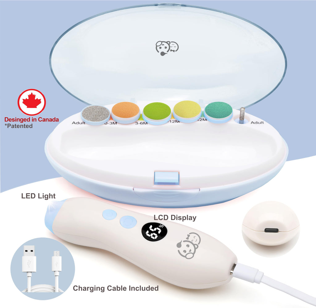 Royal Angels Rechargeable 22 in 1 Baby Nail Trimmer with LCD Display, Labeled Case, 13 Extra Pads, Safe Quiet LED Light Electric Baby Nail File Kit for Newborns Toddlers (WhiteBlue)