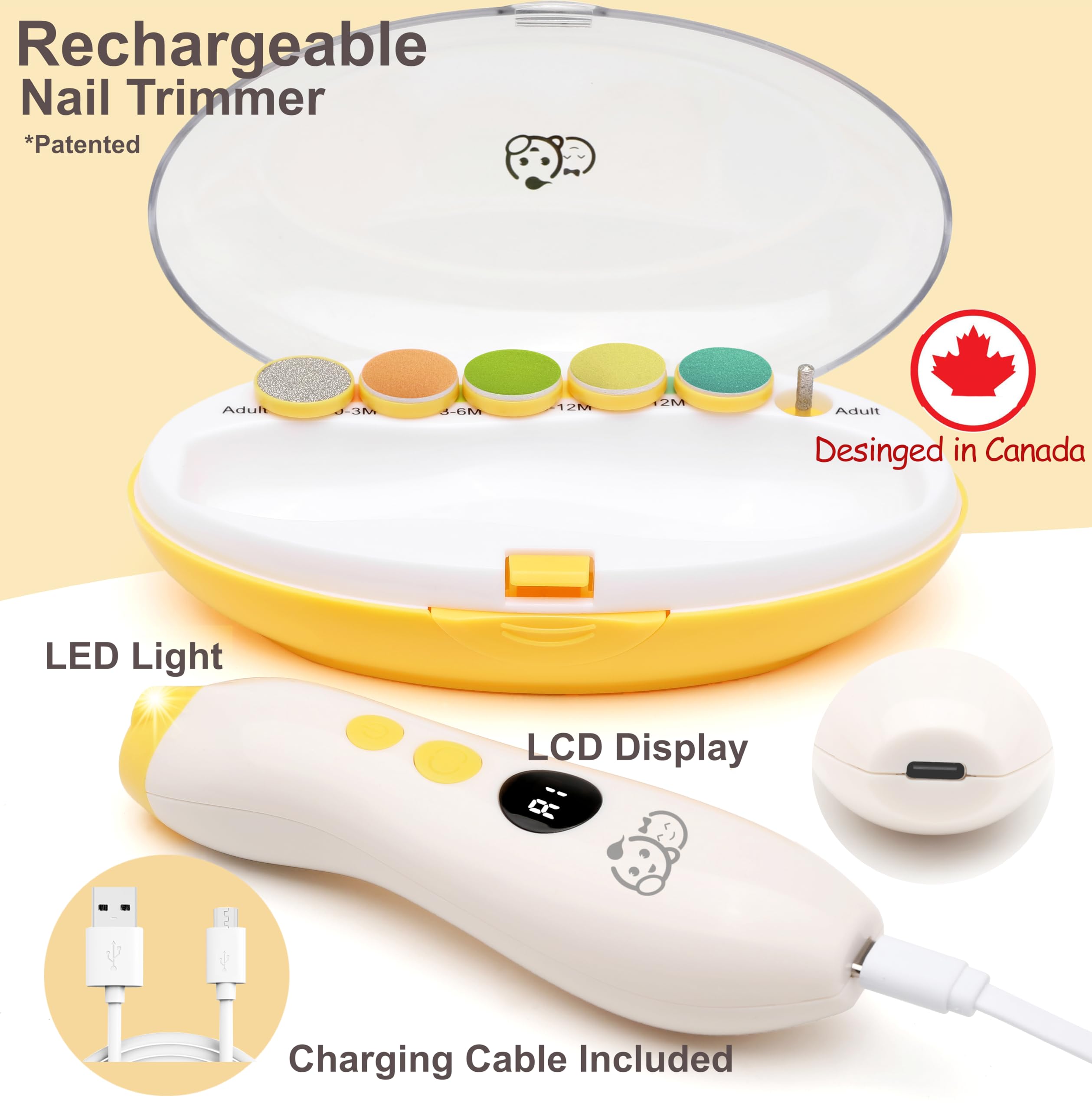 Royal Angels Rechargeable 22 in 1 Baby Nail Trimmer with LCD Display, Labeled Case, 13 Extra Pads, Safe Quiet LED Light Electric Baby Nail File Kit for Newborns Toddlers (WhiteBlue)