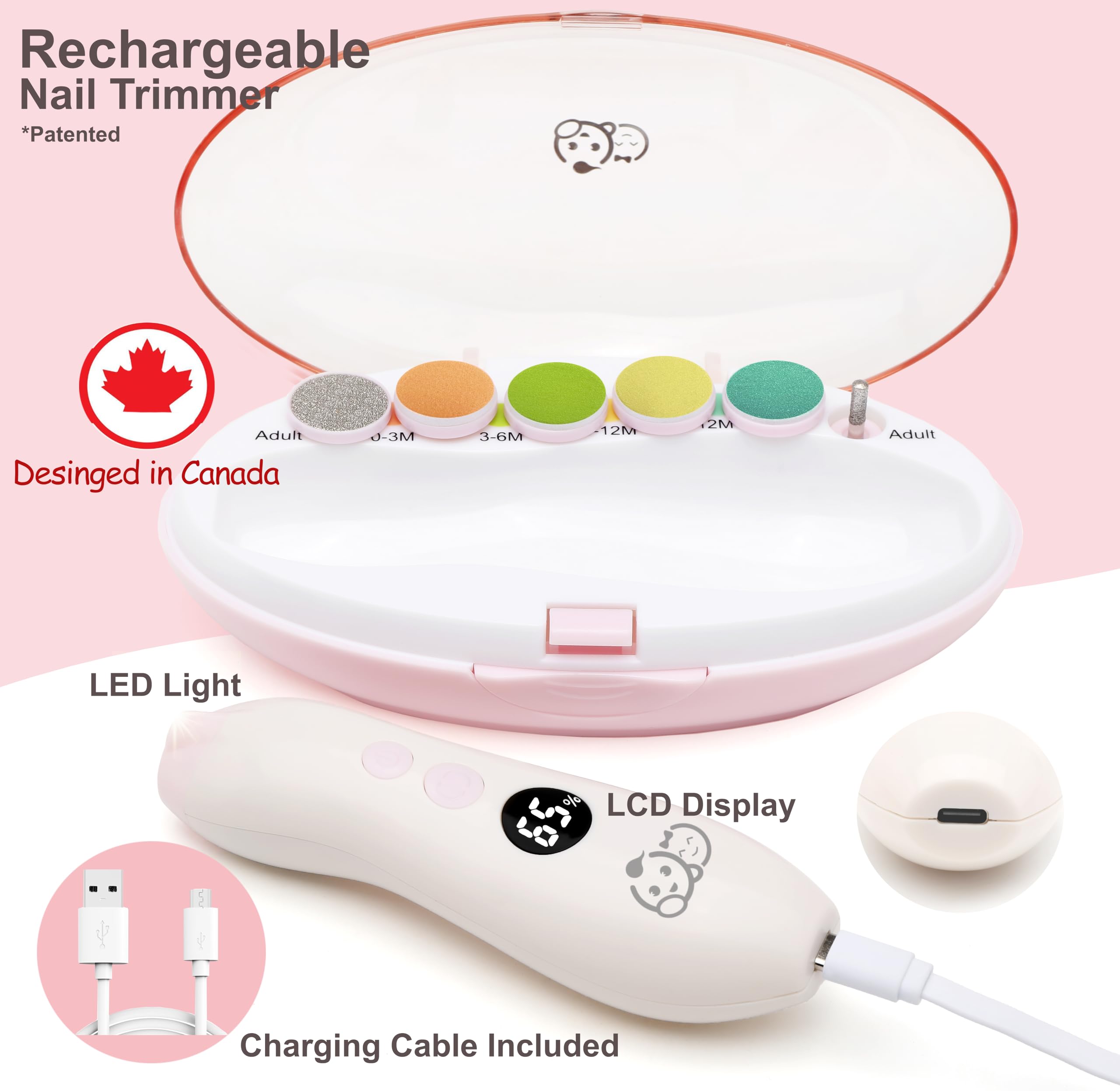 Royal Angels Rechargeable 22 in 1 Baby Nail Trimmer with LCD Display, Labeled Case, 13 Extra Pads, Safe Quiet LED Light Electric Baby Nail File Kit for Newborns Toddlers (WhiteBlue)