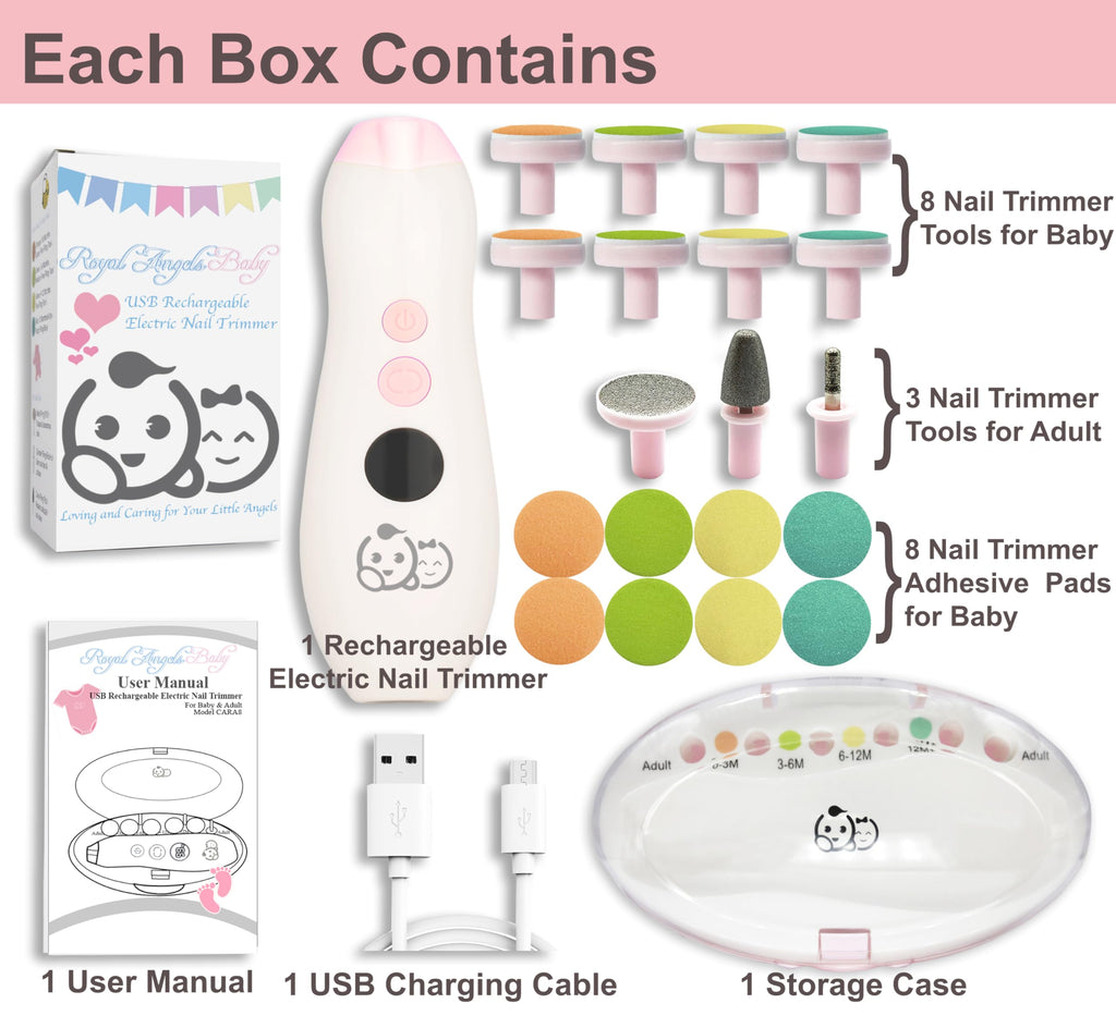 Royal Angels Rechargeable 22 in 1 Baby Nail Trimmer with LCD Display, Labeled Case, 13 Extra Pads, Safe Quiet LED Light Electric Baby Nail File Kit for Newborns Toddlers (WhiteBlue)