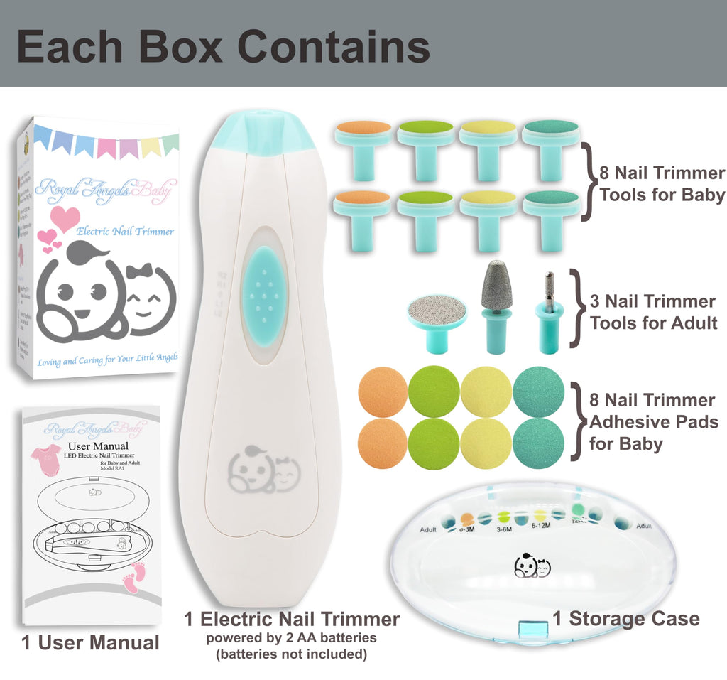 Royal Angels Rechargeable 22 in 1 Baby Nail Trimmer with LCD Display, Labeled Case, 13 Extra Pads, Safe Quiet LED Light Electric Baby Nail File Kit for Newborns Toddlers (WhiteBlue)