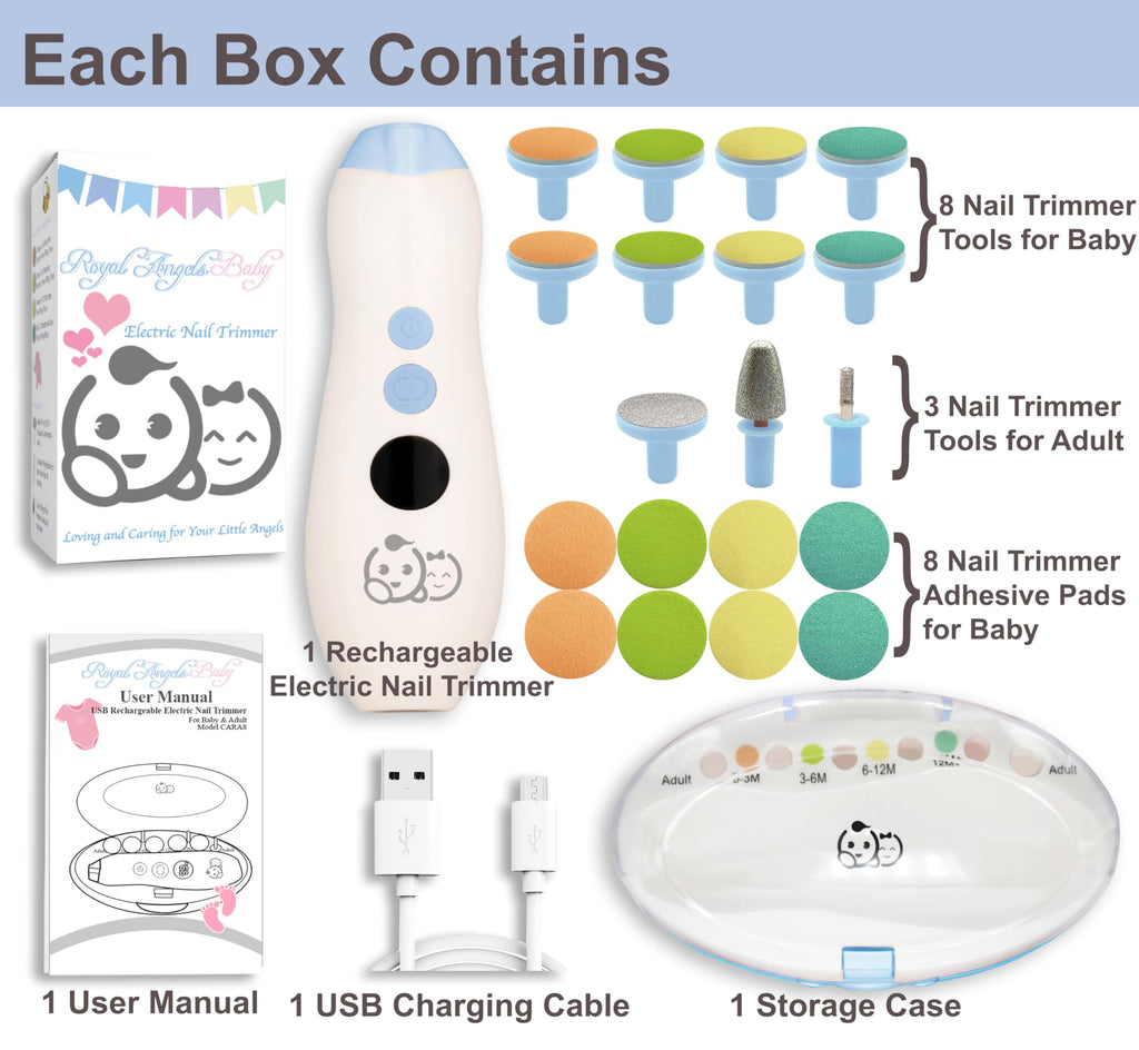 Royal Angels Rechargeable 22 in 1 Baby Nail Trimmer with LCD Display, Labeled Case, 13 Extra Pads, Safe Quiet LED Light Electric Baby Nail File Kit for Newborns Toddlers (WhiteBlue)