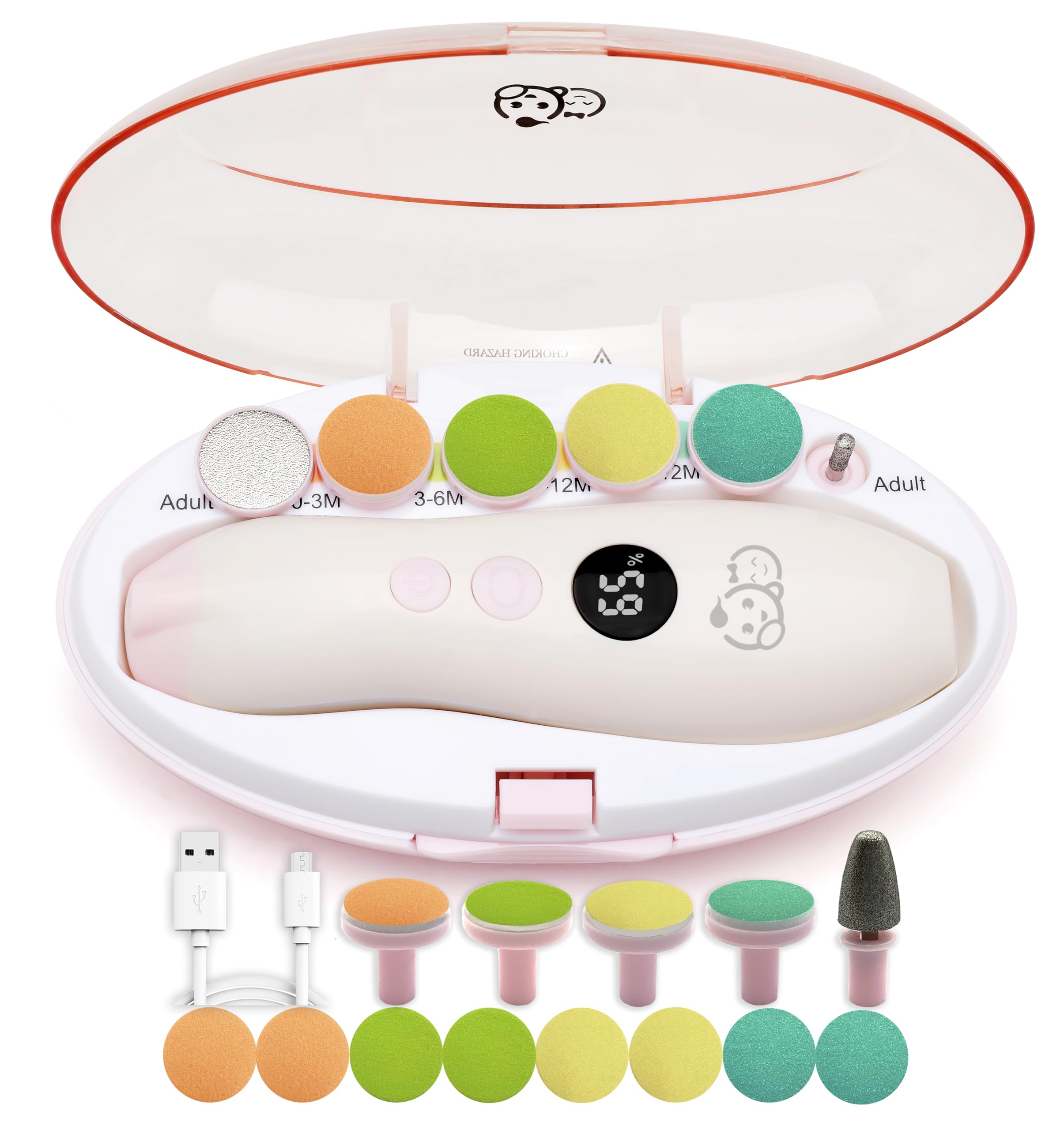 Royal Angels Rechargeable 22 in 1 Baby Nail Trimmer with LCD Display, Labeled Case, 13 Extra Pads, Safe Quiet LED Light Electric Baby Nail File Kit for Newborns Toddlers (WhiteBlue)