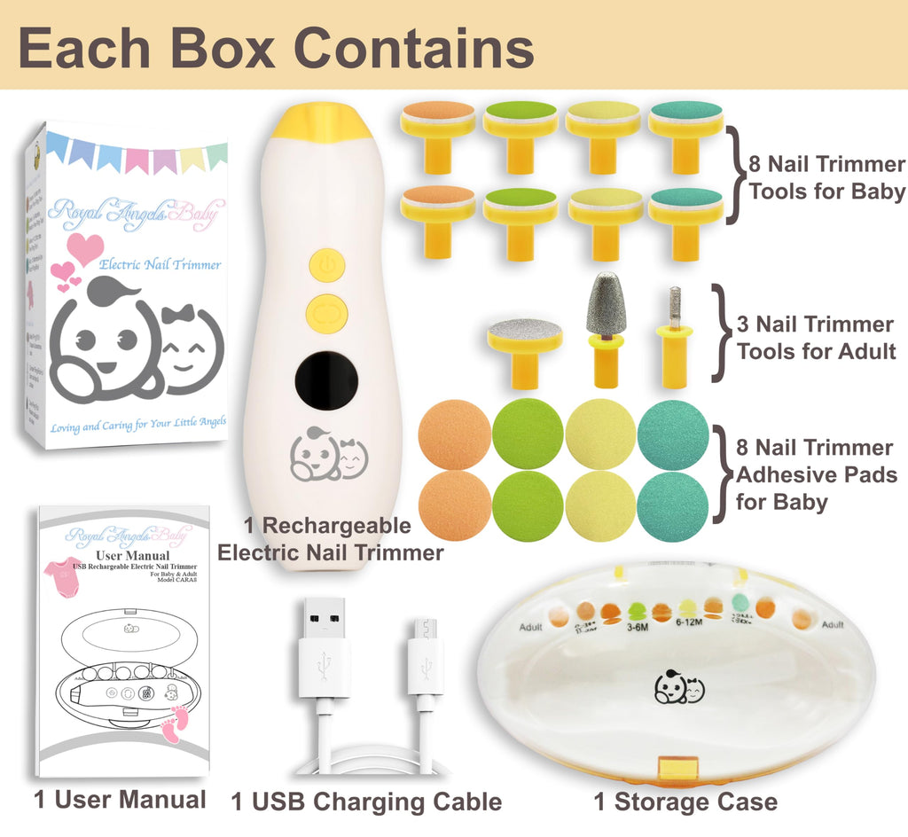 Royal Angels Rechargeable 22 in 1 Baby Nail Trimmer with LCD Display, Labeled Case, 13 Extra Pads, Safe Quiet LED Light Electric Baby Nail File Kit for Newborns Toddlers (WhiteBlue)