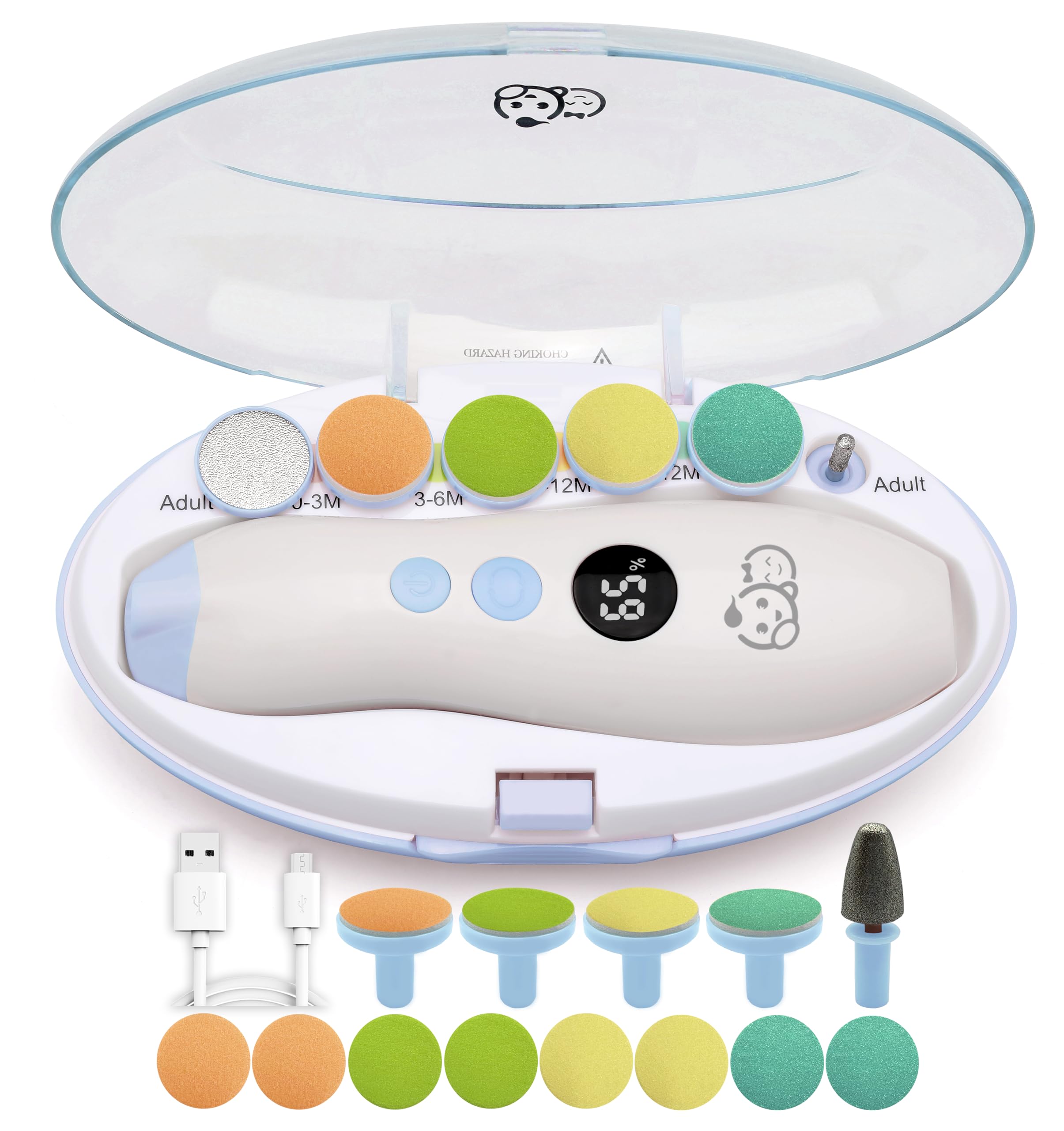 Royal Angels Rechargeable 22 in 1 Baby Nail Trimmer with LCD Display, Labeled Case, 13 Extra Pads, Safe Quiet LED Light Electric Baby Nail File Kit for Newborns Toddlers (WhiteBlue)