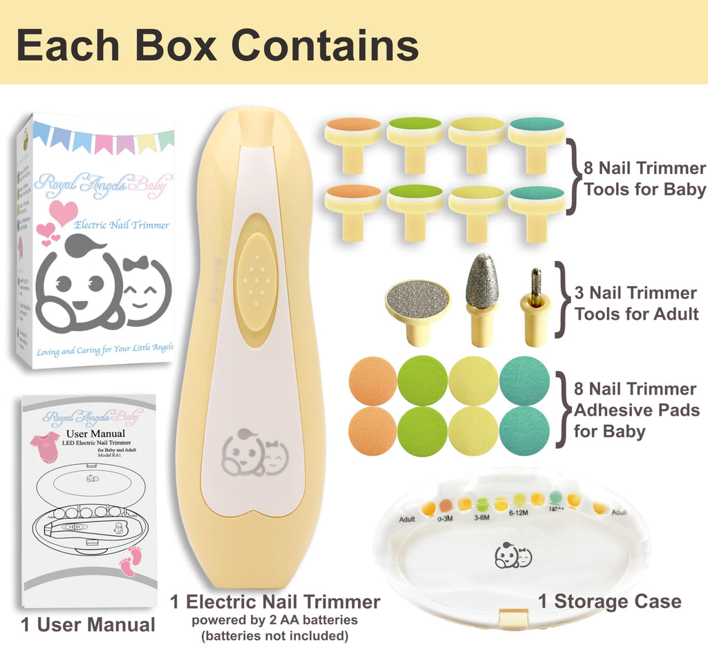 Royal Angels Rechargeable 22 in 1 Baby Nail Trimmer with LCD Display, Labeled Case, 13 Extra Pads, Safe Quiet LED Light Electric Baby Nail File Kit for Newborns Toddlers (WhiteBlue)
