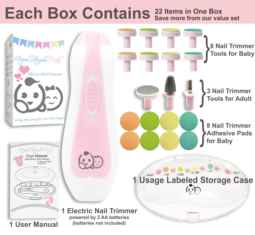 Royal Angels Rechargeable 22 in 1 Baby Nail Trimmer with LCD Display, Labeled Case, 13 Extra Pads, Safe Quiet LED Light Electric Baby Nail File Kit for Newborns Toddlers (WhiteBlue)