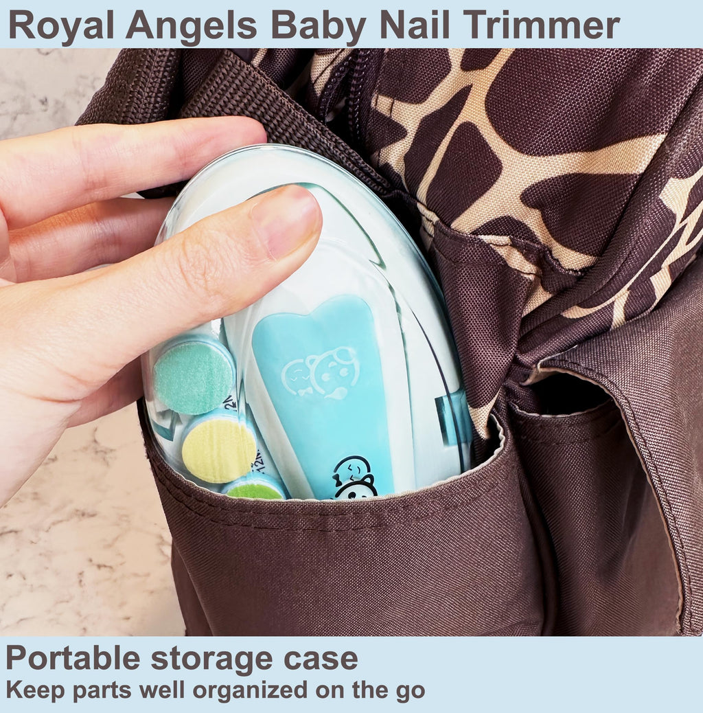 Royal Angels Rechargeable 22 in 1 Baby Nail Trimmer with LCD Display, Labeled Case, 13 Extra Pads, Safe Quiet LED Light Electric Baby Nail File Kit for Newborns Toddlers (WhiteBlue)