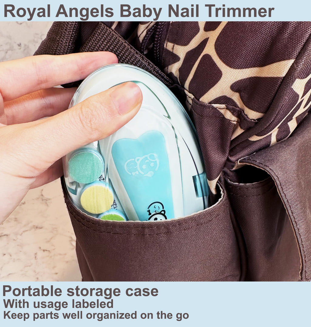 Royal Angels Rechargeable 22 in 1 Baby Nail Trimmer with LCD Display, Labeled Case, 13 Extra Pads, Safe Quiet LED Light Electric Baby Nail File Kit for Newborns Toddlers (WhiteBlue)