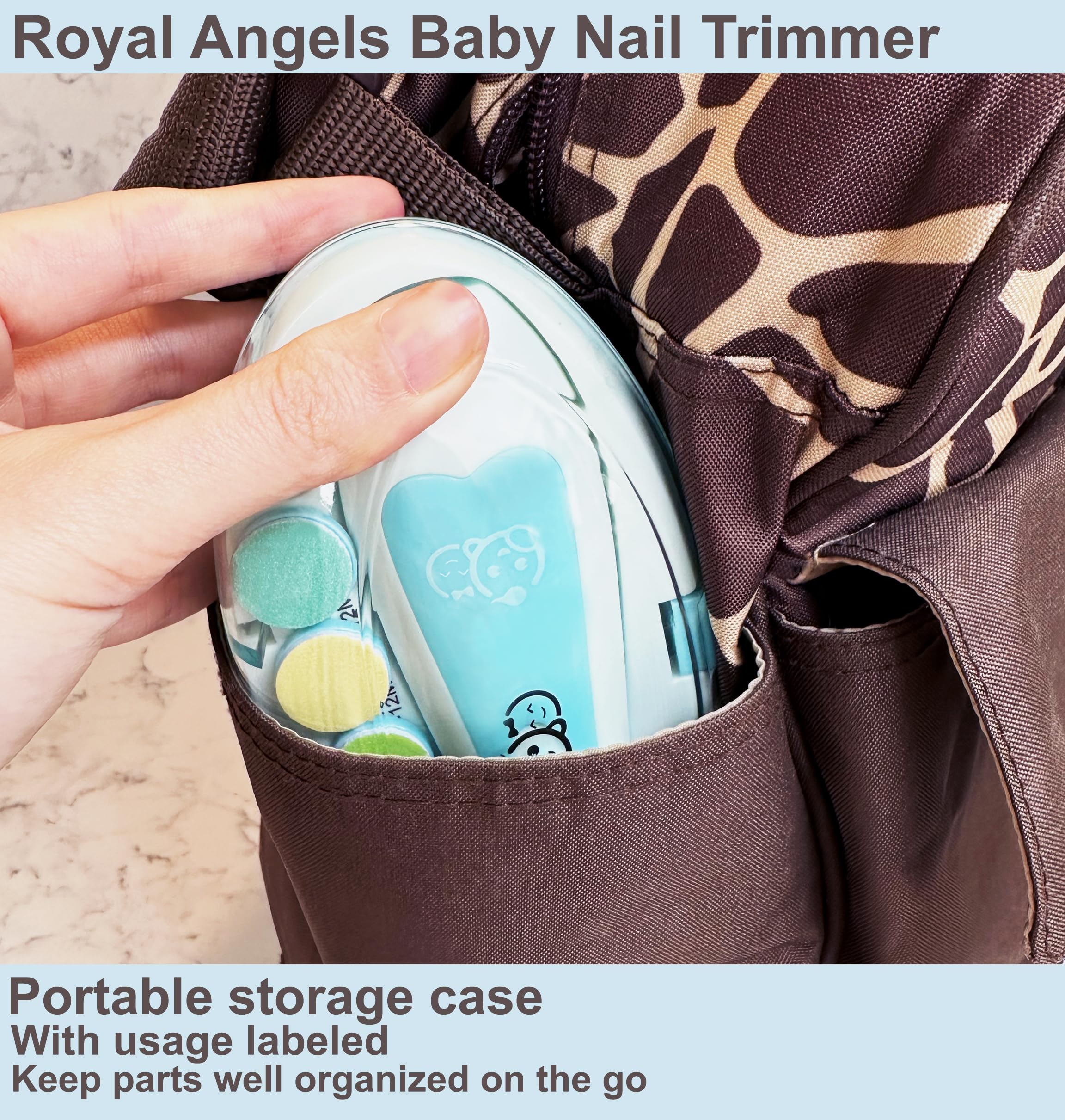 Royal Angels Rechargeable 22 in 1 Baby Nail Trimmer with LCD Display, Labeled Case, 13 Extra Pads, Safe Quiet LED Light Electric Baby Nail File Kit for Newborns Toddlers (WhiteBlue)